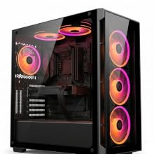 Gaming PC tower with black case, dual circular RGB lighting rings in blue, white, and red, internal components visible through tempered glass panel, character figurine on top holding weapon.