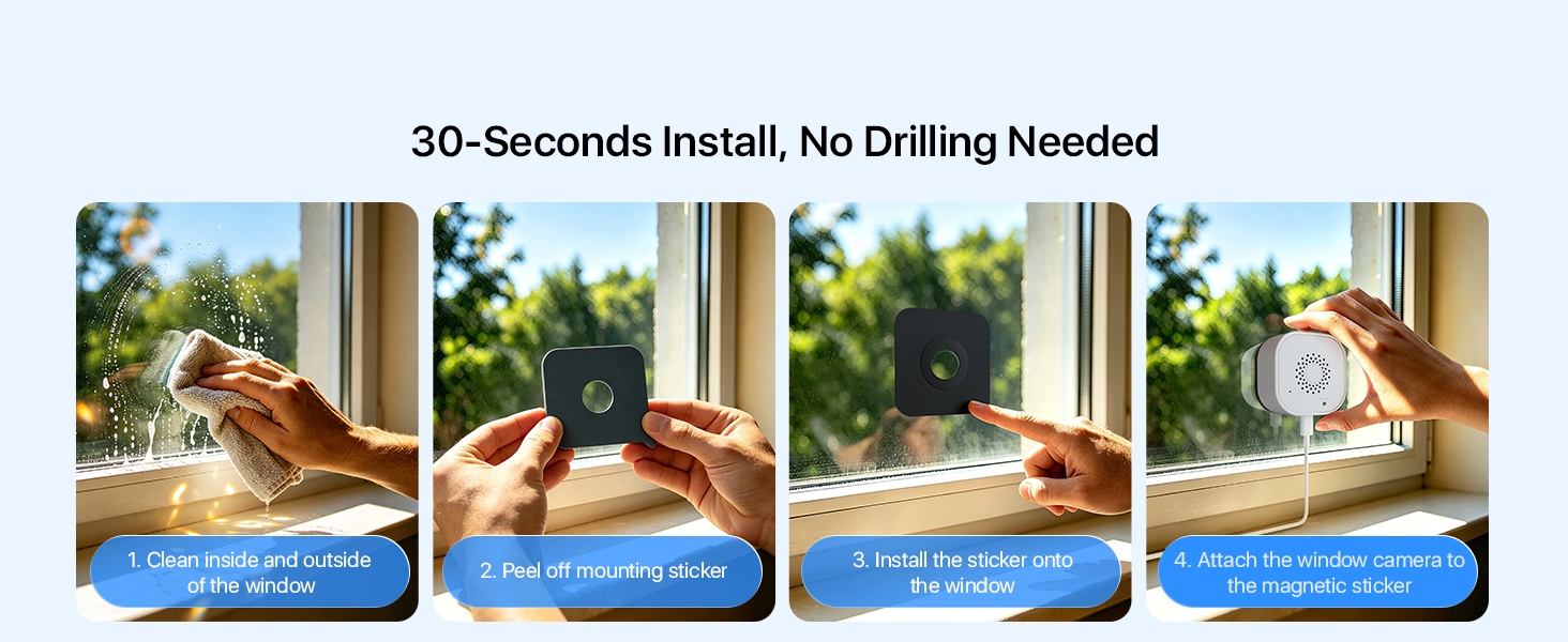 Text reads '30-Seconds Install, No Drilling Needed'. Four sequential panels showing installation steps of a wall-mounted device with hands demonstrating placement onto wooden window frames in natural daylight.