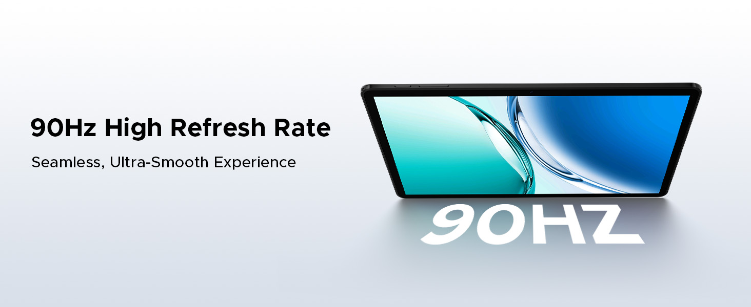 Text reads '90Hz High Refresh Rate' and 'Seamless, Ultra-Smooth Experience'. Laptop computer displaying blue water imagery, emphasizing high-refresh-rate display technology.
