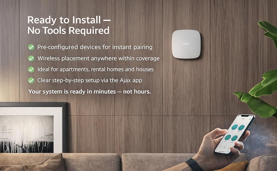Text reads 'Ready to Install' and 'No Tools Required'. Marketing image showing wireless device installation in home setting with wooden wall panels.
