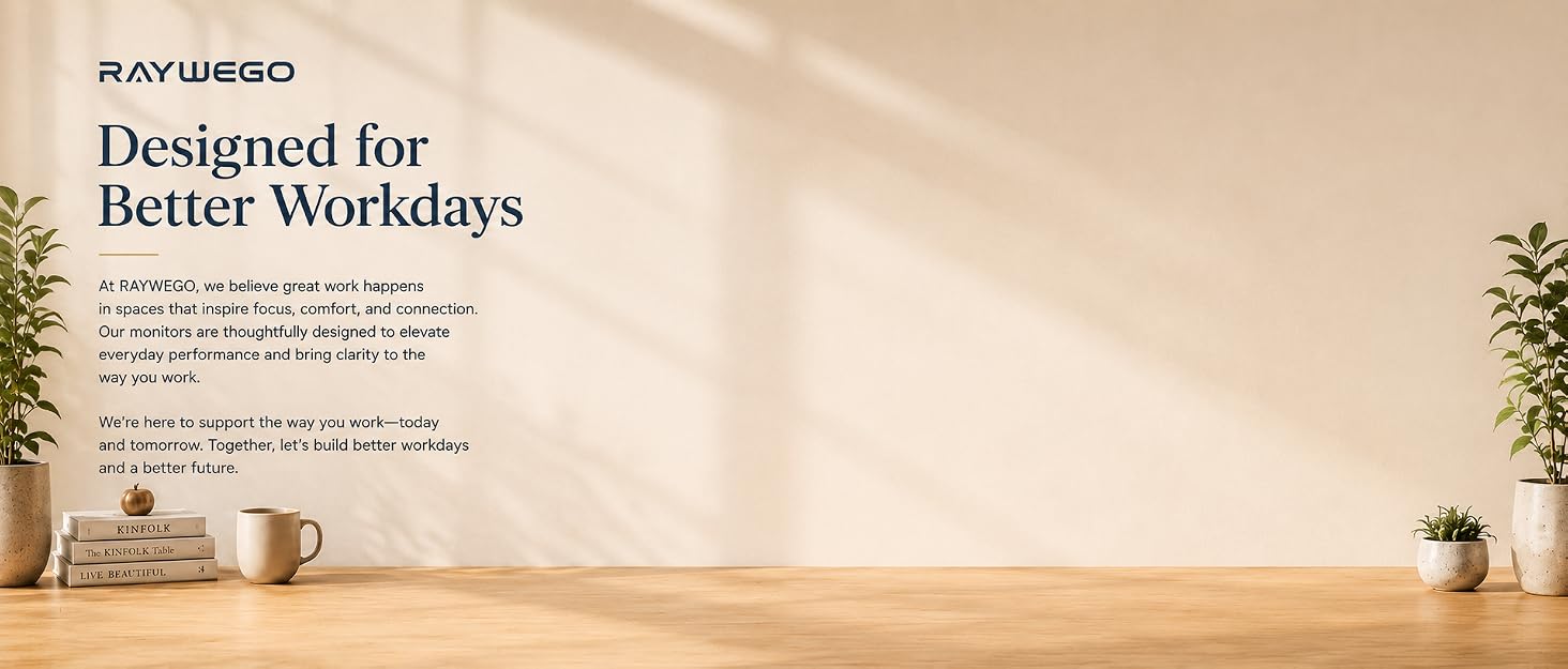 Text reads 'Designed for Better Workdays'. Interior workspace scene featuring wooden desk with plant and minimalist office setup, emphasizing ergonomic workspace design and productivity features.