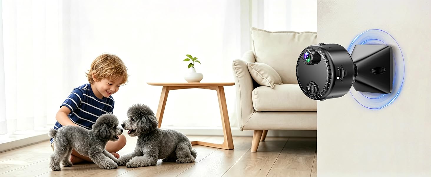 Child playing with black robotic pet on light wooden floor in living room with beige sofa, small round table with potted plant, and white walls.