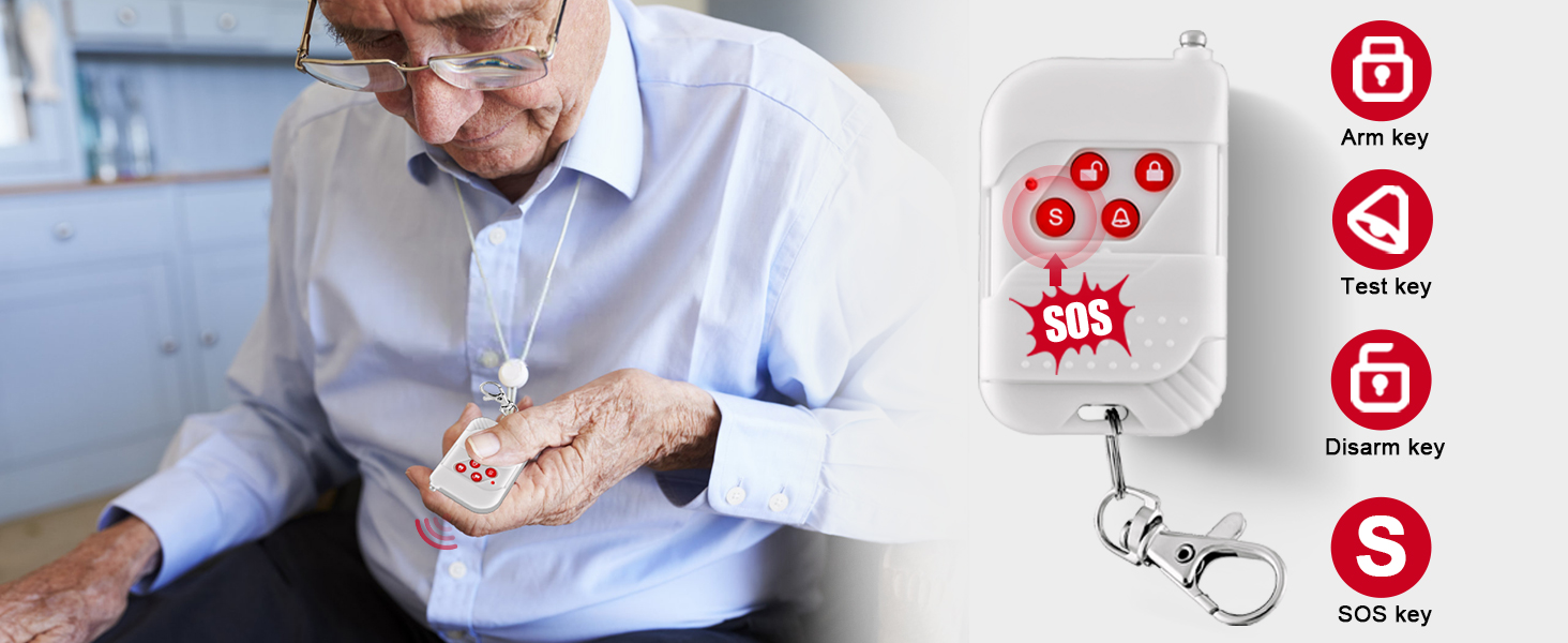 Older man in light blue shirt holding white medical alert device with keychain attachment. Red icons on right showing emergency features and alert symbols.