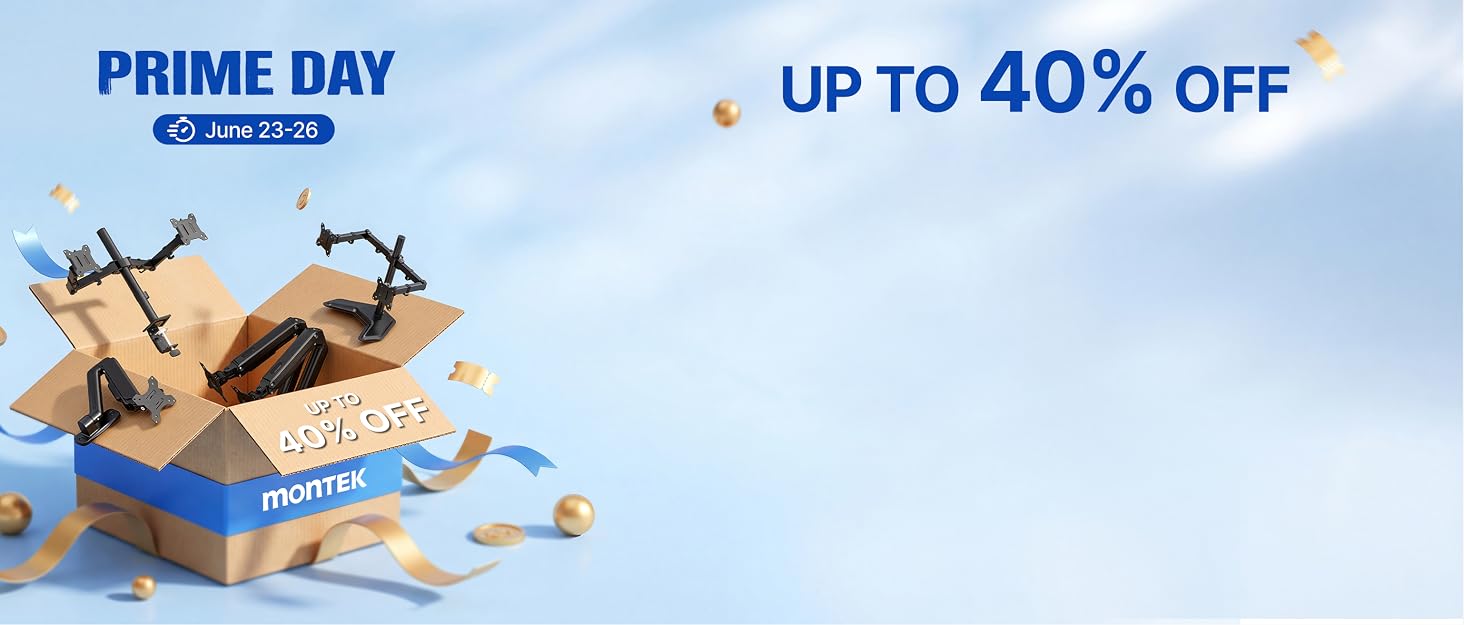 Text reads 'PRIME DAY', 'UP TO 40% OFF'. Light blue background with exploding gift box containing various products and promotional text for a Prime Day sale event.