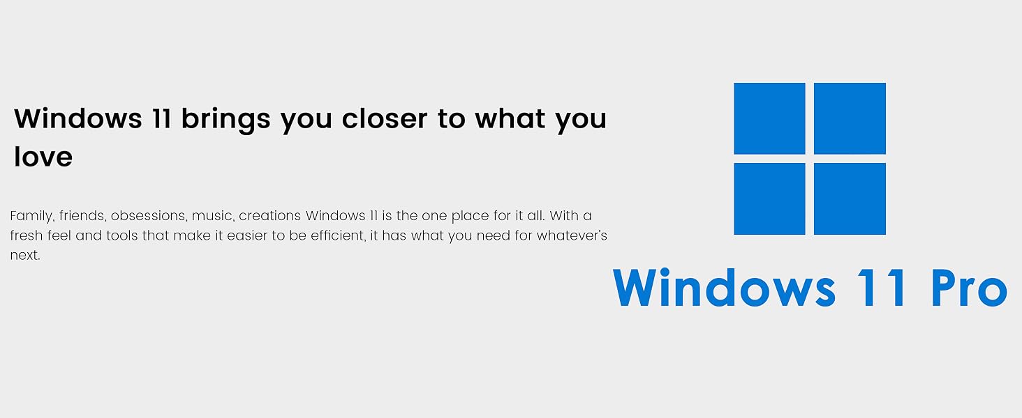 Text reads 'Windows 11 brings you closer to what you love' and 'Windows 11 Pro'. Blue Windows logo and white interface elements displayed on light background.