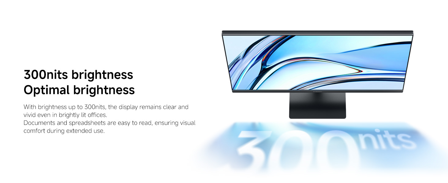 Text reads '300nits brightness', 'Optimal view'. Wide-format display monitor with curved screen showing water design, demonstrating bright screen capability and optimal viewing angles.