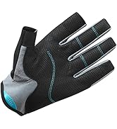 Fingerless cycling glove with black textured palm, gray padding on thumb, and teal stitching. Features cut-off fingers and a wrist strap for secure fit.
