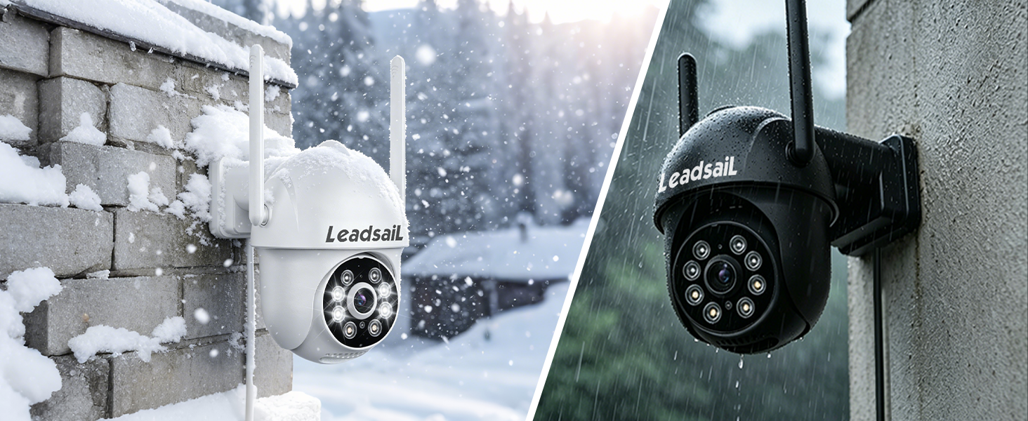 Composite image showing three security cameras mounted on different surfaces: wall-mounted interior unit, exterior weatherproof camera, and close-up of black dome camera lens.