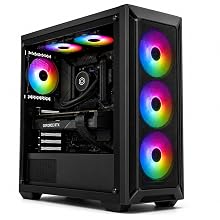 Custom gaming PC tower with transparent side panel showcasing internal components. Features three illuminated white ring fans, dark casing with dramatic lighting effects. High-performance desktop computer with visible water cooling and RGB lighting system.