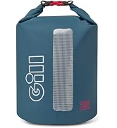 Text reads 'Gill'. Black waterproof roll-top backpack with white graphic logo, padded shoulder straps, and red accent details for water sports.