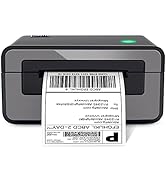 Compact label printer with purple and black casing, printing a shipping label with barcode and text.
