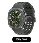 Text reads 'Buy now'. Black digital smartwatch with gold-tone accents and dotted bezel design displayed against white background.