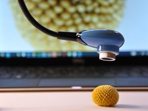 Red, egg-shaped device with camera lens, flexible USB cable, and on/off switch, held in an open palm for size reference.