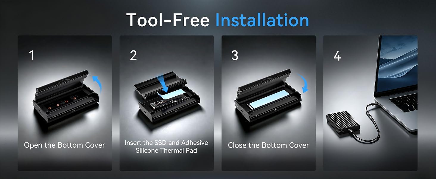 Text reads 'Tool-Free Installation'. Image shows four numbered product views (1-4) displaying black rectangular device components and installation variants against dark background.