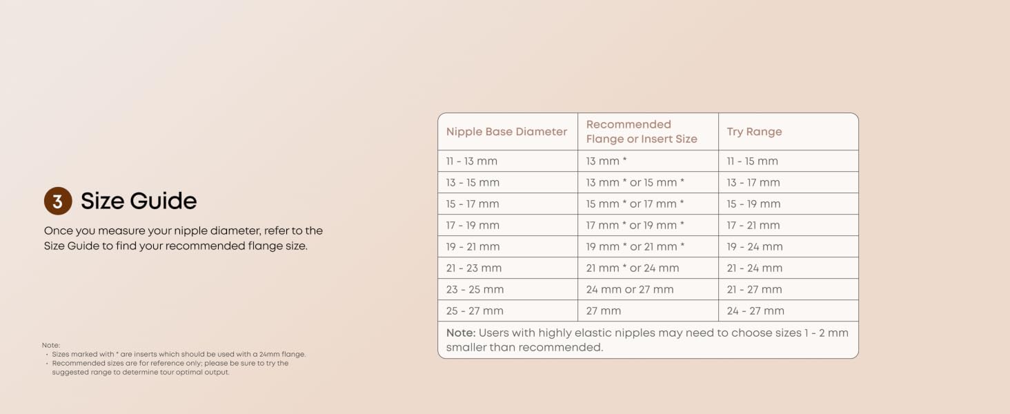 Text reads 'Size Guide' with specification chart. Beige background with informational sizing table displaying measurements and product dimensions in multiple columns.