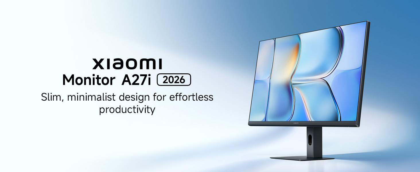 Text reads 'Xiaomi Monitor A27i (27英寸) Slim, minimalist design for effortless productivity.' Blue computer monitor displayed against cloudy sky background.