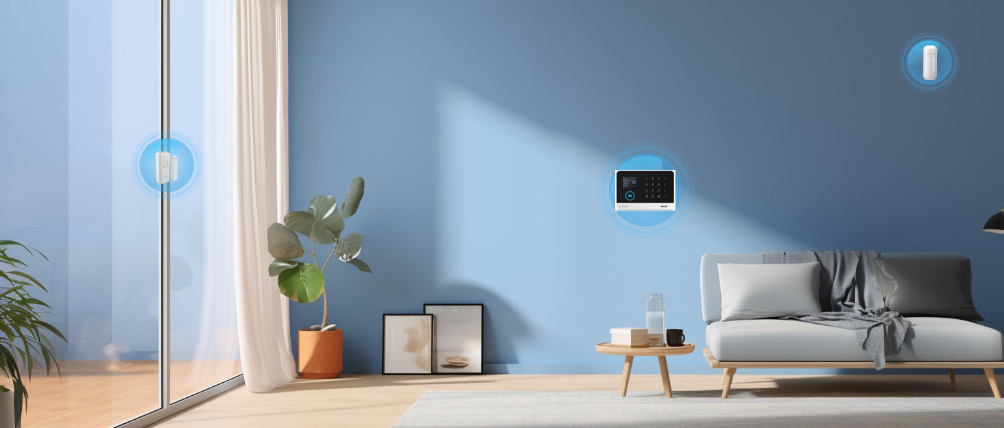 Modern living room interior featuring minimalist furniture, showing same space from different angles with blue walls and natural lighting through windows.