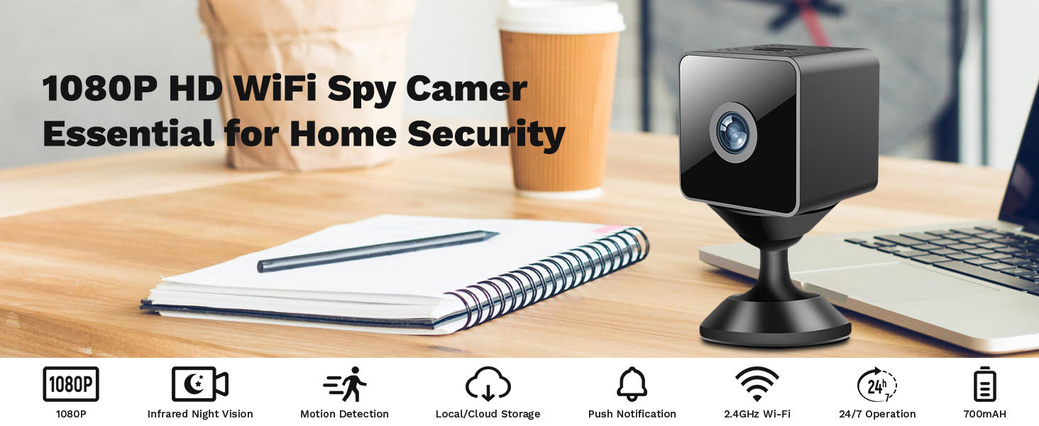 Text reads '1080P HD WiFi Spy Camera Essential for Home Security'. Multiple product photos showing a small black security camera device with mounting base.
