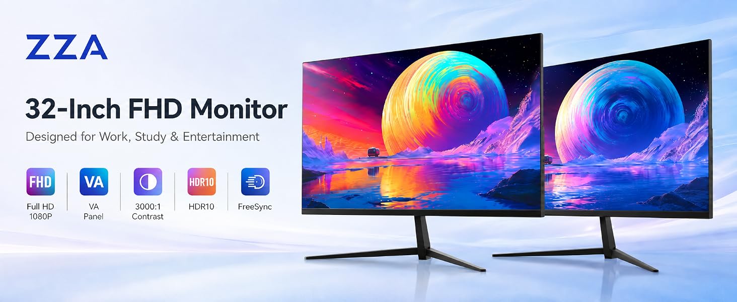Text reads 'Z2A 32-inch 4K Monitor'. Product displays colorful thermal/heat imaging graphics on screen. Monitor shown with curved ultrawide design and multiple connectivity icons visible below branding.