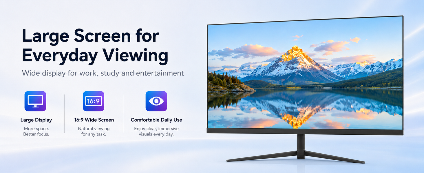 Text reads 'Full HD 1080P Clarity' with three feature icons below. Monitor displaying landscape image with blue sky and water.