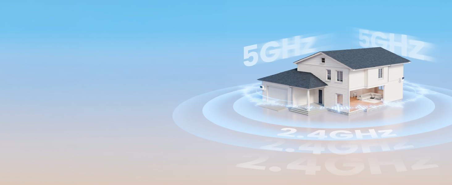 Text reads '5G' at top. Illustration shows a white modern house with wireless signal waves emanating from it, depicting 5G home connectivity technology.