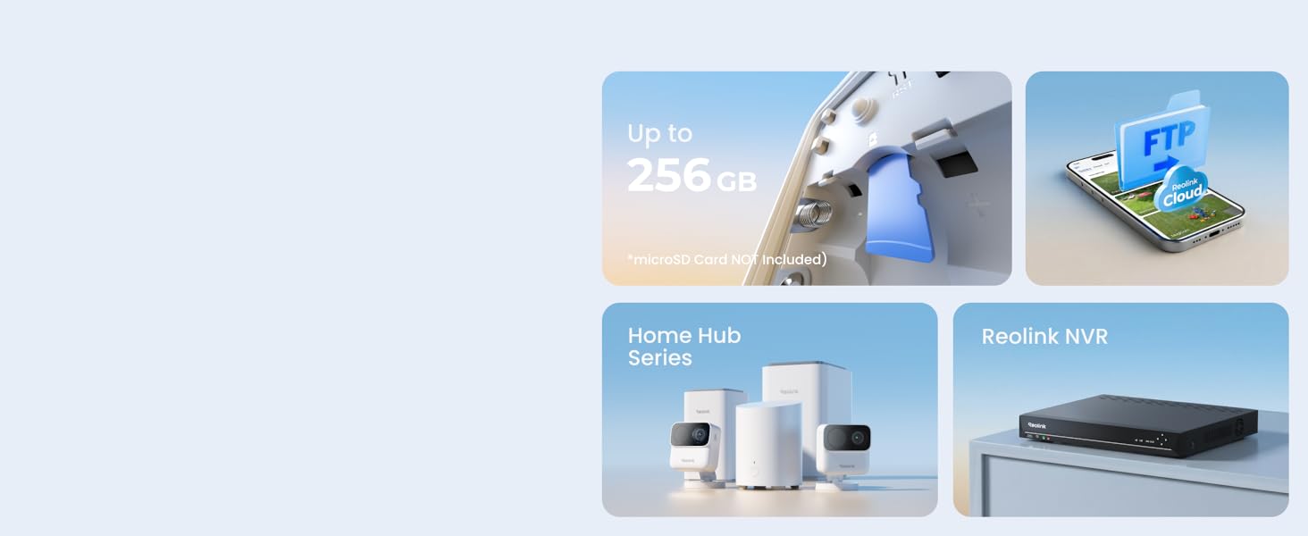Four-panel grid showing: storage device labeled '256GB', pressure washer spraying, blue boat/vehicle, home security system, and media player/receiver on blue background.