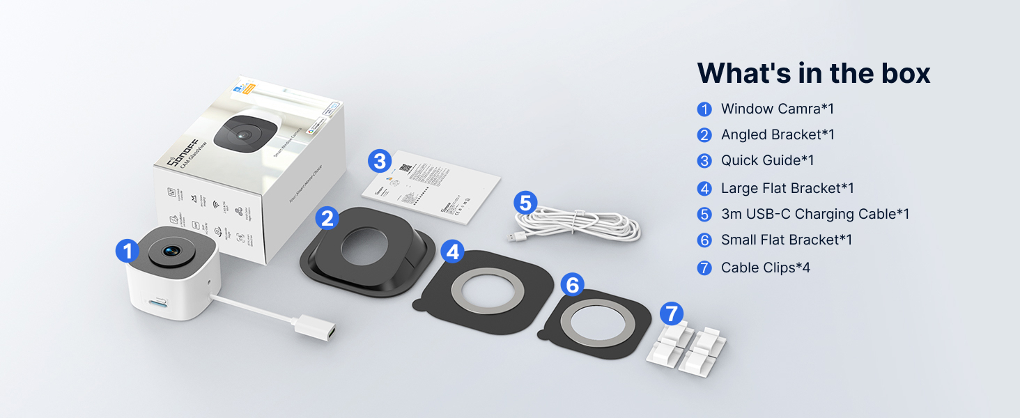 Text reads 'What's in the box' with checklist items including cat ear headband, black outfit piece, tail accessory, and other components. Disassembled product parts displayed in labeled circular containers.