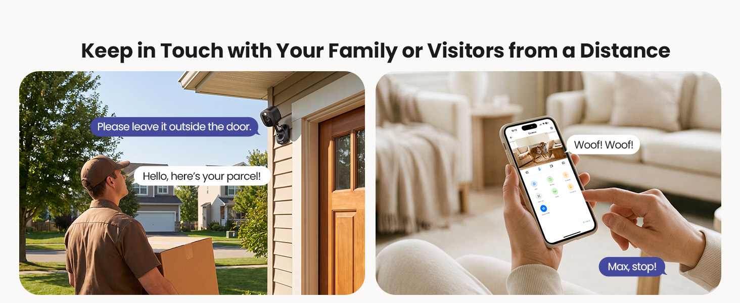 Text reads 'Keep in Touch with Your Family at Visitors from a Distance'. Split-panel image showing outdoor patio area with device on left, interior living room with mobile device on right.
