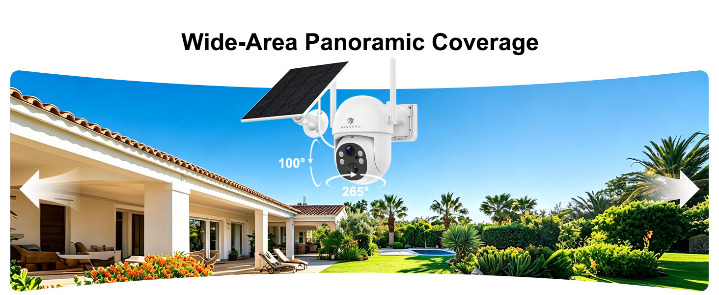 Text reads 'Wide-Area Panoramic Coverage'. Security camera mounted on modern house exterior against blue sky, showing surveillance equipment installation on residential property.