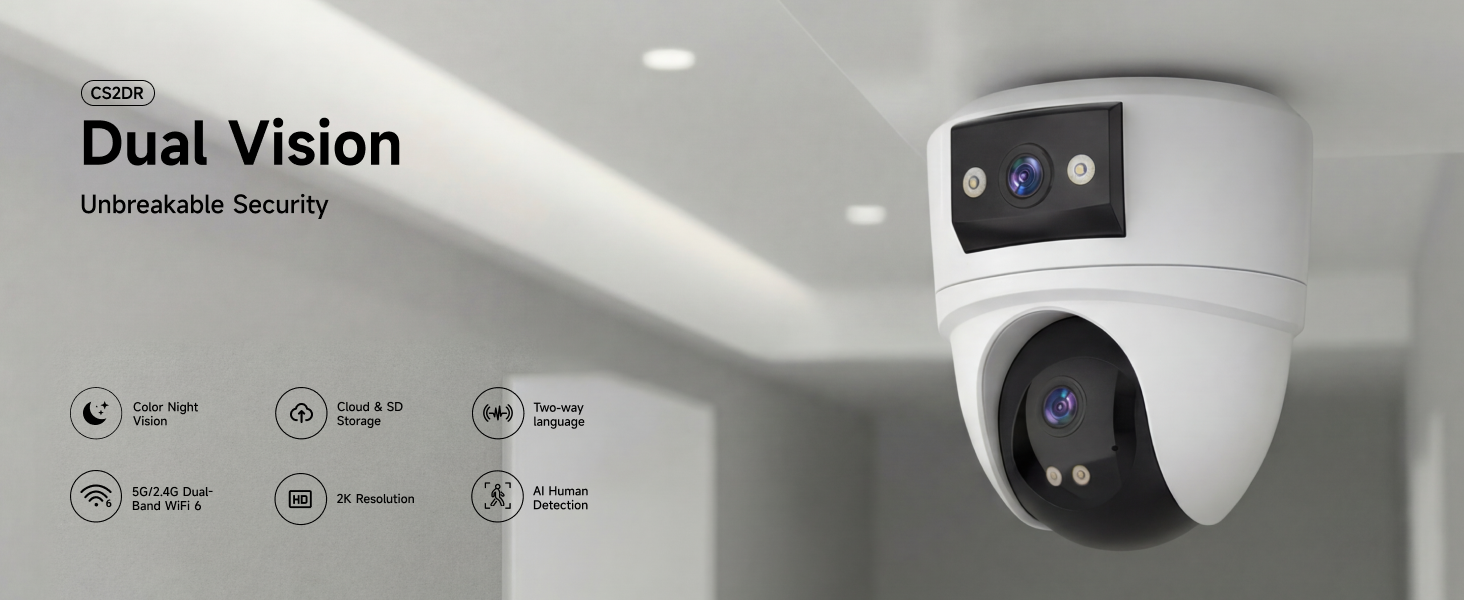 Text reads 'Dual Vision' and 'Undeniable Security'. White and black dual-lens security camera mounted on surface, showing front-facing design.