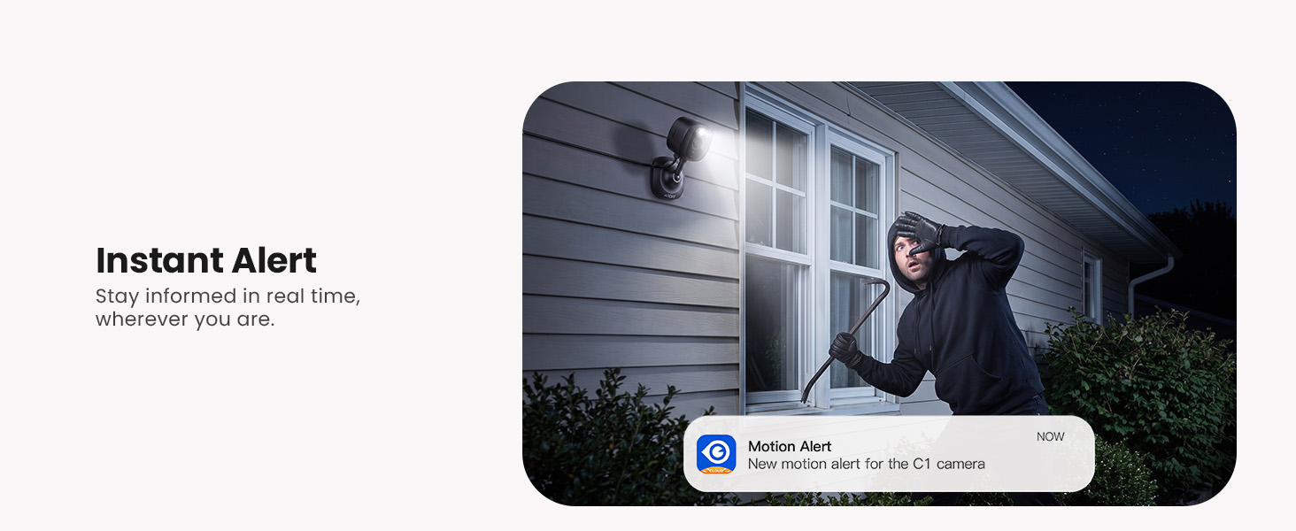 Text reads 'Instant Alert' and 'Stay informed in real time with alerts you care about.' Security camera interface mockup showing nighttime footage and mobile notification alert.