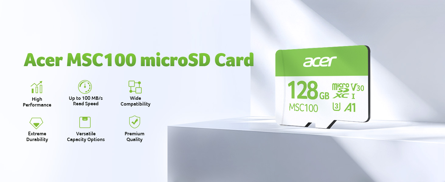 Text reads 'Acer MSC100 microSD Card', 'acer', '128 GB', with storage specifications shown. Green and white microSD memory card with product specifications and compatibility icons displayed.