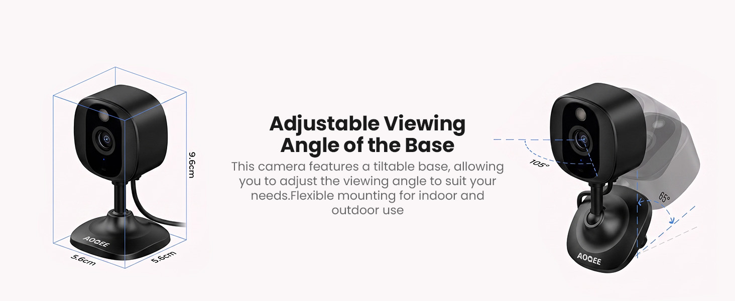 Text reads 'Adjustable Viewing Angle at the Base'. Two black spherical surveillance cameras with adjustable mounting bases shown from different angles.