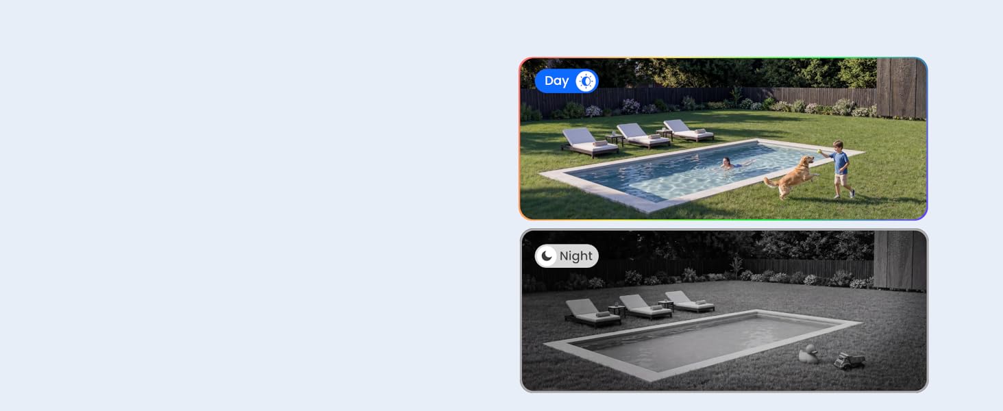 Two product comparison photographs showing outdoor pool or waterway environments - color aerial view and black-and-white landscape variant displayed in horizontal rectangular frames.