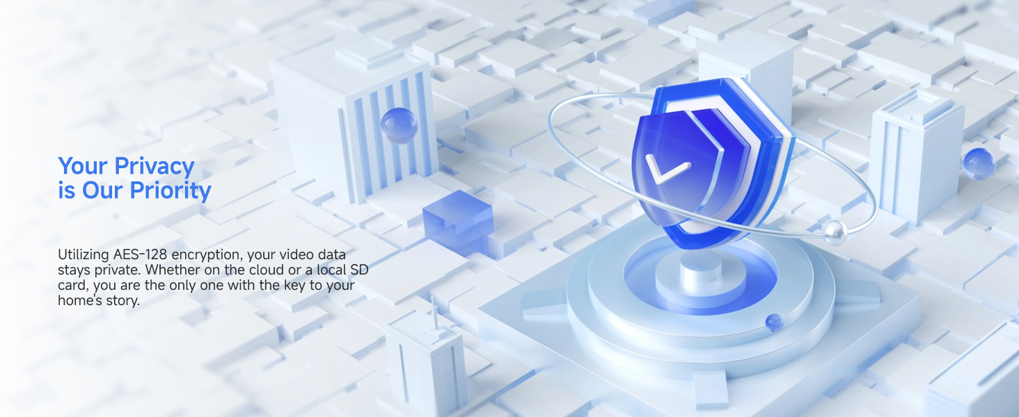 Text reads 'Your Privacy Is Our Priority'. Series of blue-tinted technical diagrams or interface elements relating to digital security or privacy.
