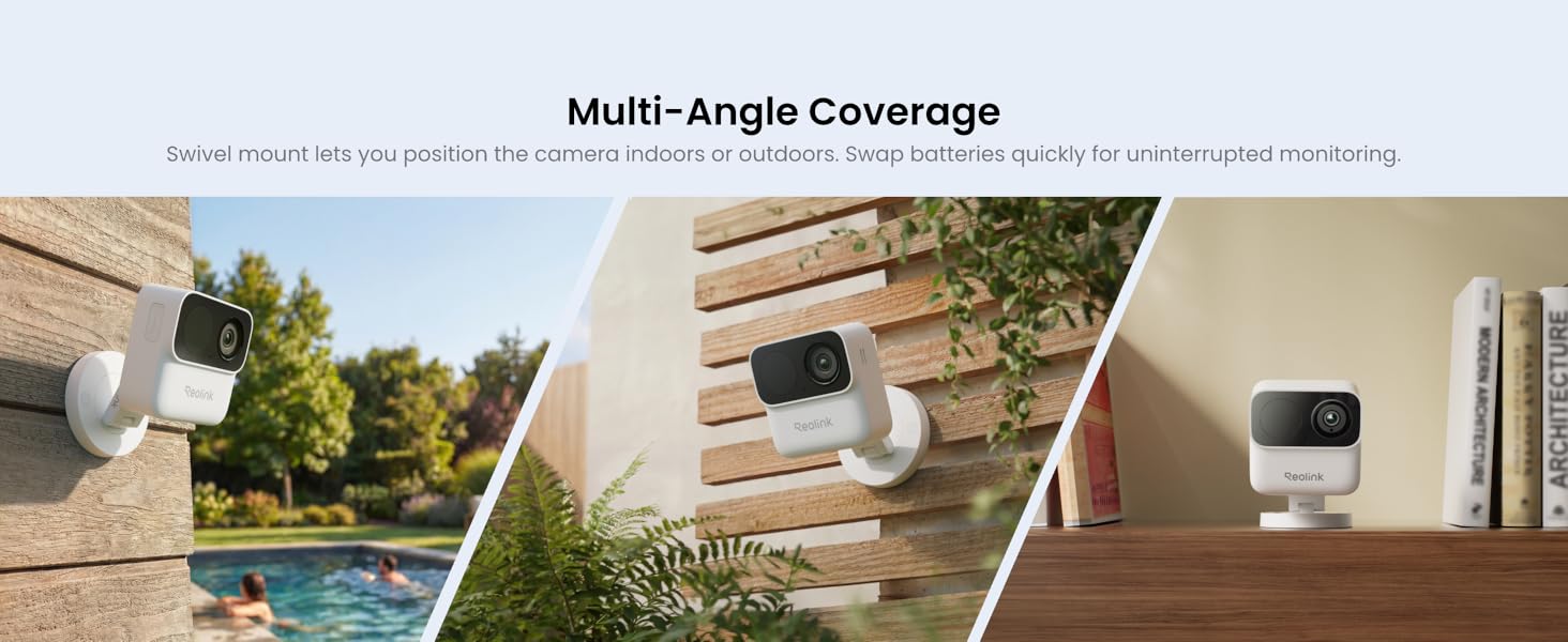 Text reads 'Multi-Angle Coverage'. Three outdoor installation scenes showing security cameras mounted on brick wall, garden area, and interior shelf with product placement demonstration.