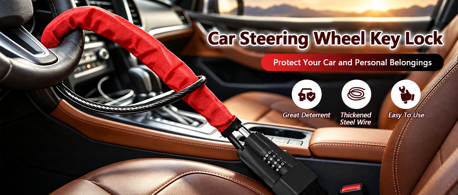 Text reads 'Car Steering Wheel Desk' with feature icons below. Red and black car steering wheel desk accessory shown mounted on vehicle interior with brown leather seats.
