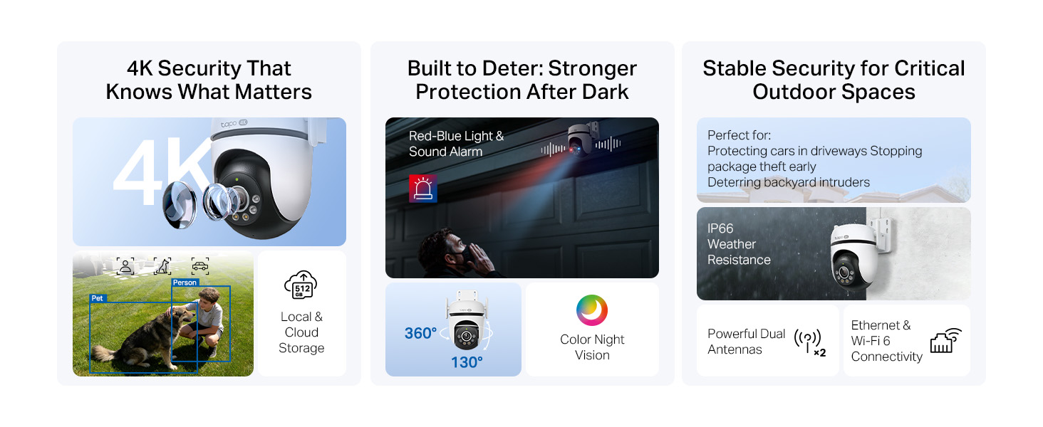 Three feature cards with text: ' 4K Security That Knows What Matters', 'Built to Deter: Stronger Protection After Dark', 'Stable Security for Critical Outdoor Spaces'. Product and security system imagery shown.