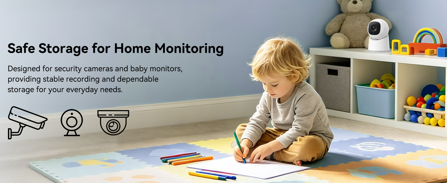 Text reads: 'Safe Storage for Home Monitoring' 'Designed for home cameras and baby monitors, this storage solution provides safe storage for your everyday needs.' Icons for camera, alarm, and security monitoring shown. Child playing on floor in home setting with storage shelving unit containing toys and monitoring equipment visible in background.
