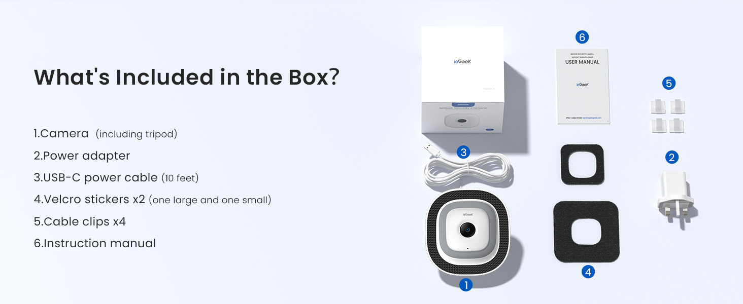 Text reads 'What's Included in the Box?' with numbered components (1-5) showing white device, multiple black rectangular attachments, charging cables, and accessories displayed with blue indicator dots.