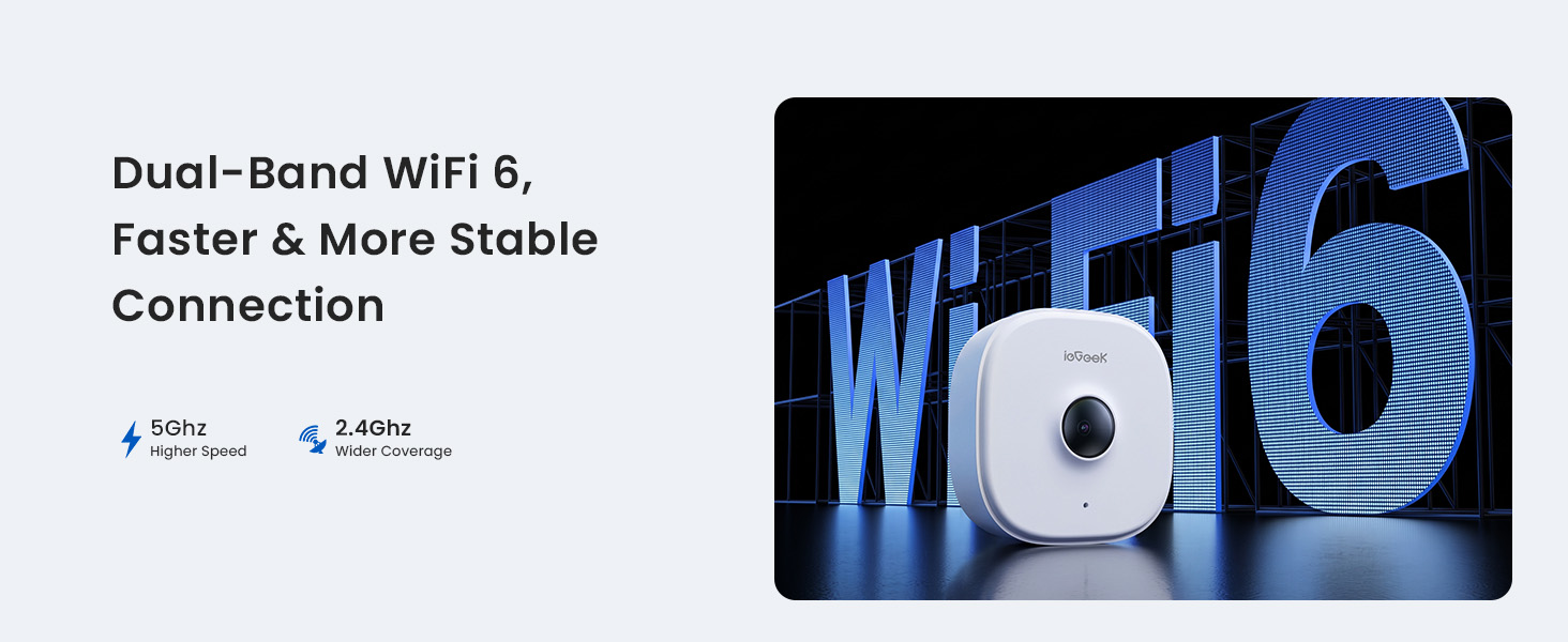 Text reads 'Dual-Band WiFi 6, Faster & More Stable Connection' with WiFi 6 branding. White router device with blue illuminated '6' symbol and wireless connectivity icons indicating dual-band capabilities.