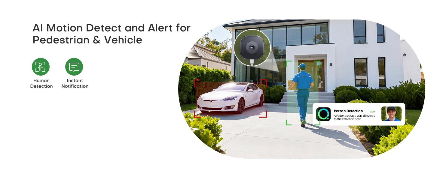 Text reads 'AI Motion Detect and Alert for Protection & Vehicle'. Security camera system with motion detection capability mounted on modern white house exterior, shown monitoring driveway with parked vehicles.
