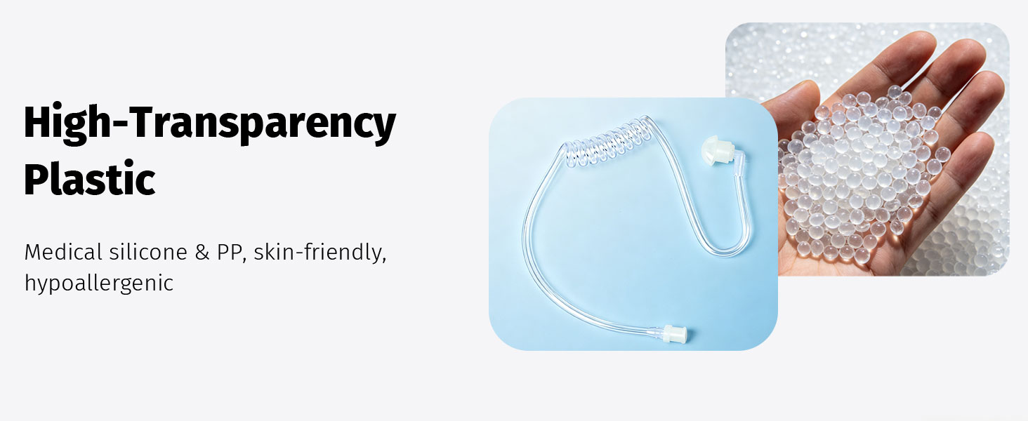 Text reads 'High-Transparency Plastic', 'Vinyl silicone & PE, silk-friendly, hypoallergenic'. Clear transparent plastic sheet or material shown with hand testing its texture and flexibility.