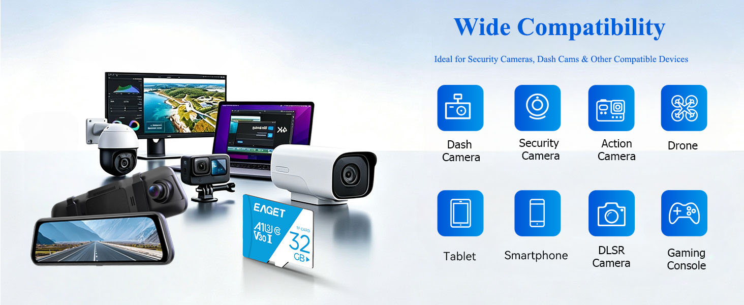 Text reads 'How to Use EAGET Memory Card with Dash Cams & Security Cameras' with setup instructions. Image shows EAGET memory card next to dash cam device with step-by-step usage guide including device restart requirements and capacity suggestions.
