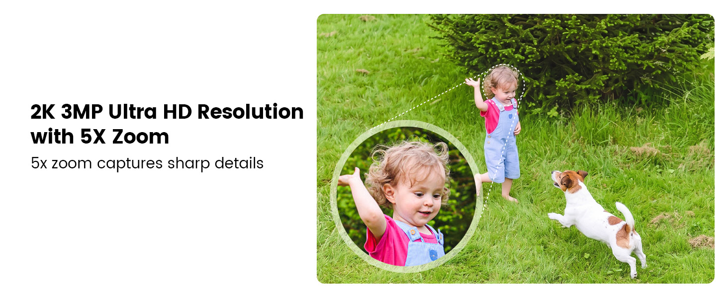Text reads '2K 3MP Ultra HD Resolution with 5X Zoom for room-complete sharp details.' Image shows camera zoom demonstration on outdoor scene with children and puppy on grass.