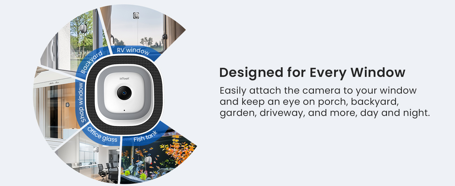 Text reads: 'All-In-One Mount. No Extra Purchase or Installation' and 'Builtin-In Tilted Mount & 360 Ultra-Wide Viewing Angle for Seamless Coverage'. Security camera mounted on house exterior with lawn and driveway visible.