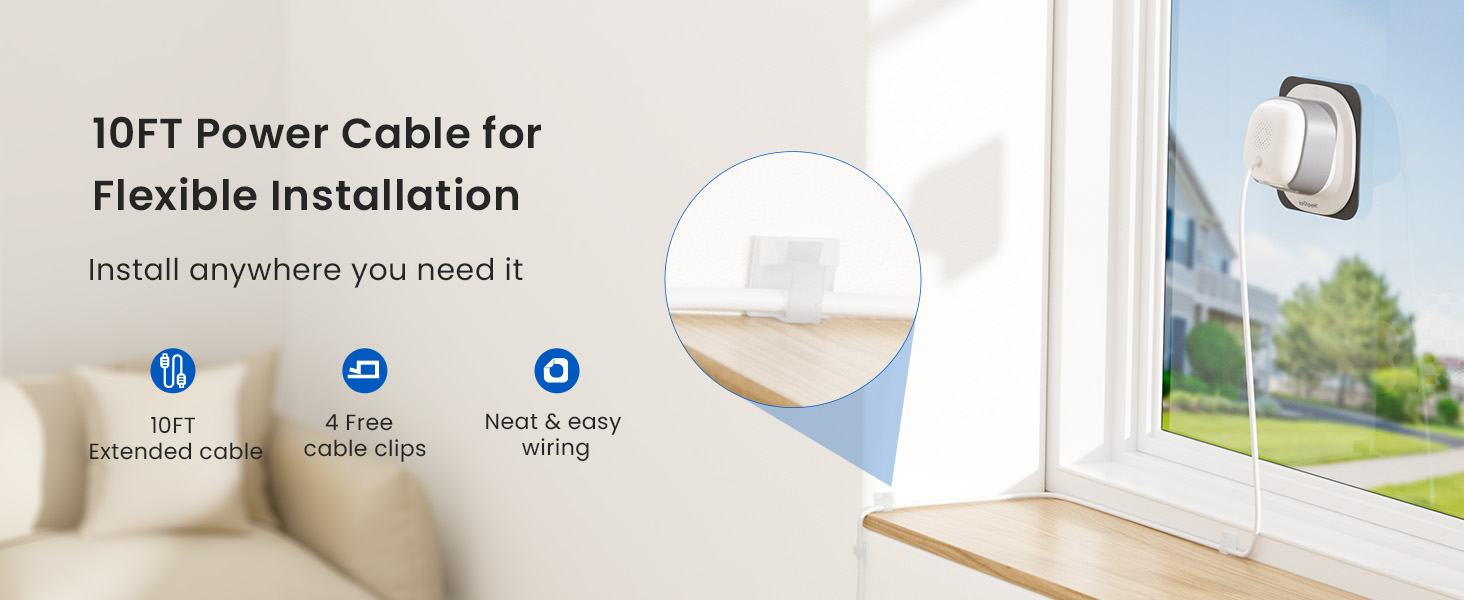Text reads '10FT Power Cable for Flexible Installation' and 'Install anywhere you need it'. White power extension cord with plug connector shown being installed through window, demonstrating versatile cable placement option.