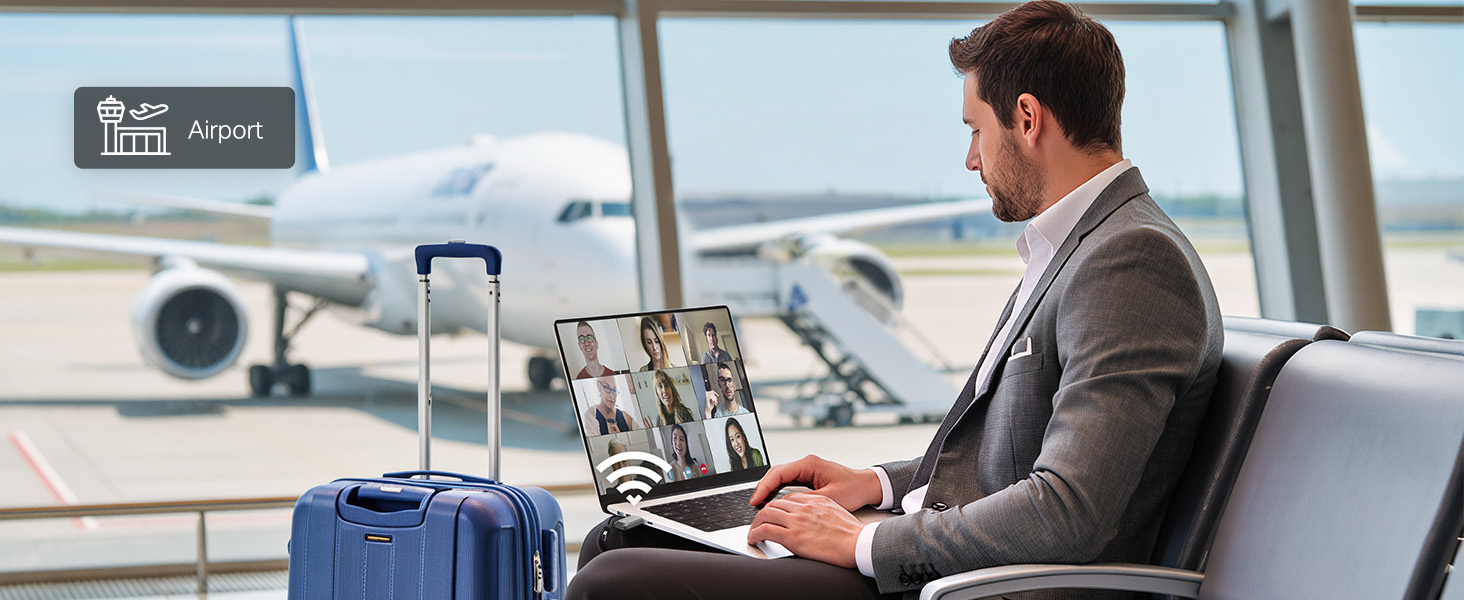 Man in business suit working on laptop at office desk with large window view of city skyline and aircraft visible in background.