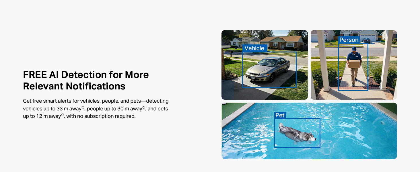 Text reads 'FREE AI Detection for More Relevant Notifications'. Composite showing swimming pool scenes with people using detection technology for enhanced pool monitoring and safety notifications.