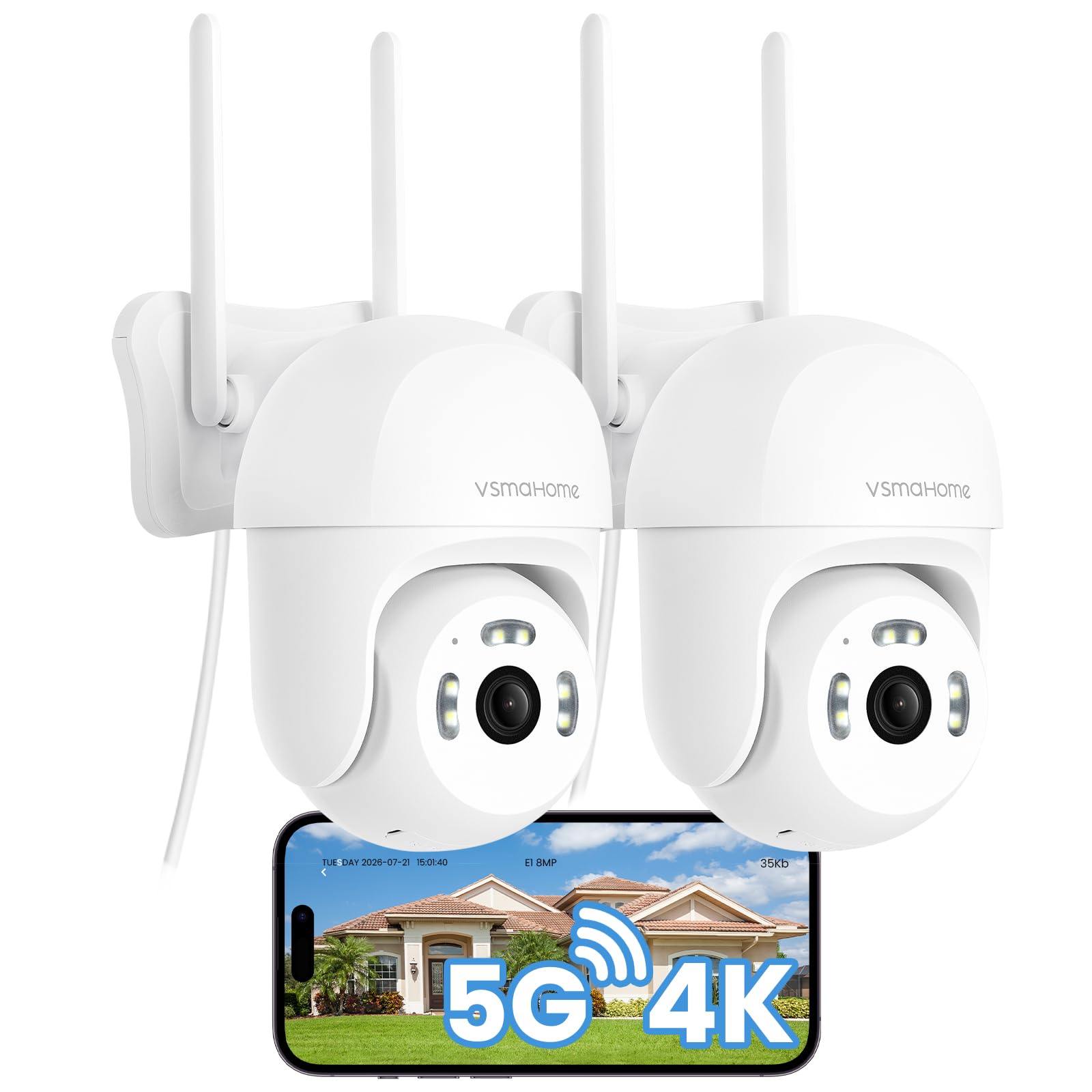 8MP 4K Outdoor Security Camera 2 Packs，360 PTZ WiFi Camera for Home Security System，Plug-in Wired Outdoor Cameras